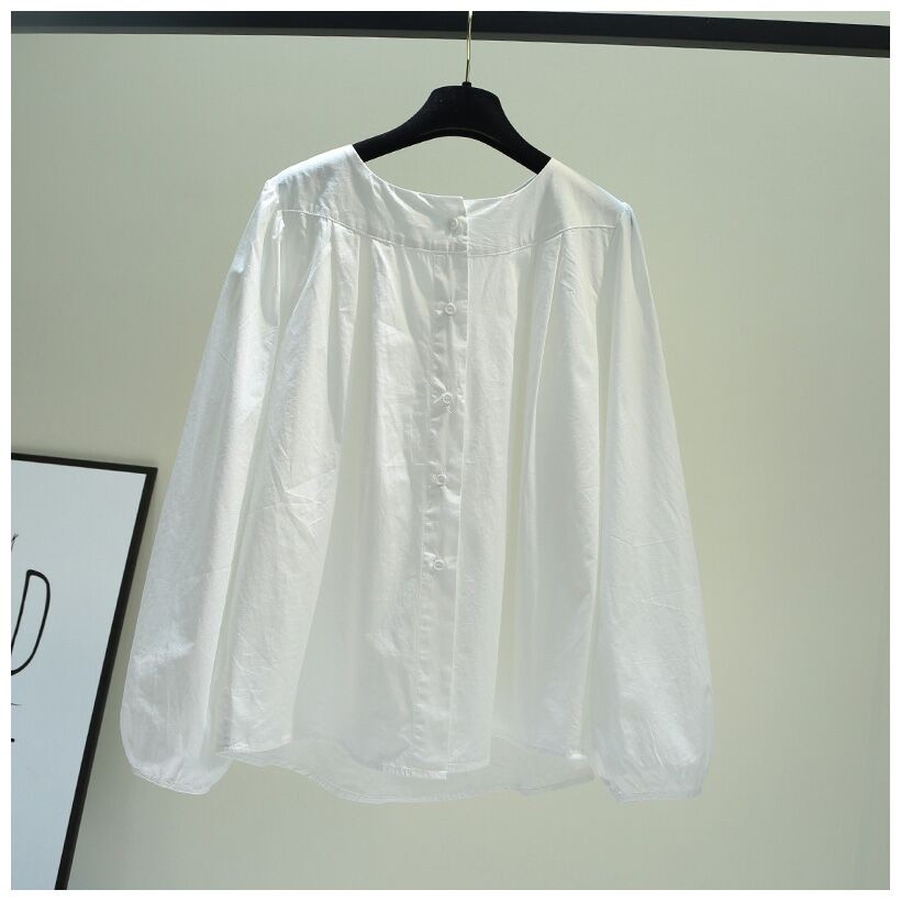 สีกากีรอบคอแขนโคมไฟจีบผ้าฝ้ายสุภาพสตรีเสื้อฤดูใบไม้ร่วงเวอร์ชั่นเกาหลีการออกแบบหลวมวรรณกรรมพัดลมด้าน