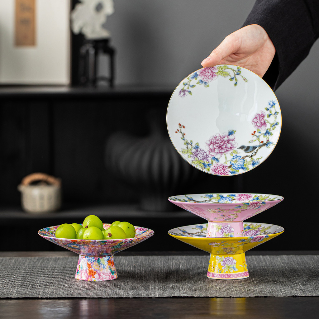 High-End สีเคลือบ Refreshment แผ่นเซรามิค Pastry แผ่นสีพาสเทลในครัวเรือน Retro High-Foot จานผลไม้วันหยุดของขวัญ