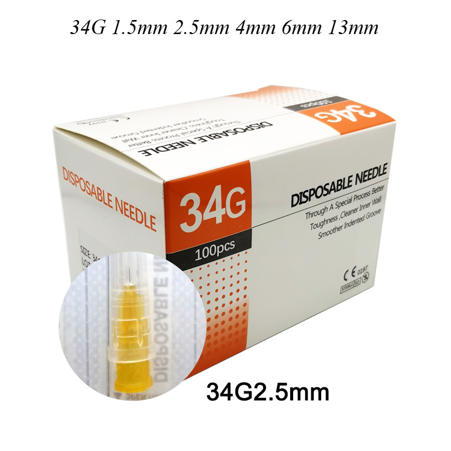 34G 1.5มม. 2.5มม. 4มม. 6มม. 13มม. เข็มขนาดเล็กแบบใช้แล้วทิ้ง ปลอดภัย ฆ่าเชื้อ เข็มเมโส เข็มความงาม