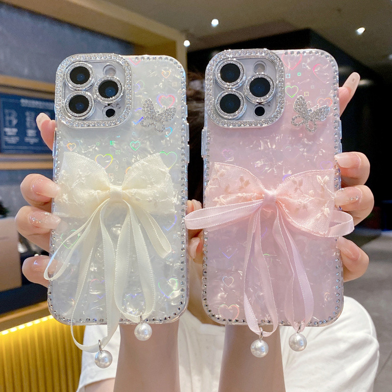 3ง วางลูกไม้ริบบิ้นโบว์ไล่โทนสีรูปหัวใจเคสแข็งสําหรับ ไอโฟน 11 12 13 14 15 16 17 มือโปร สูงสุด ปลอกเจาะน้ํากรณีป้องกันขอบสําหรับ ไอโฟน17