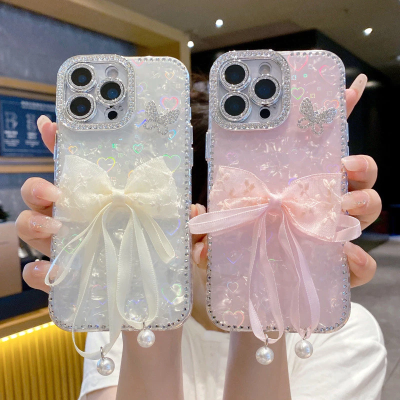 3ง วางลูกไม้ริบบิ้นโบว์ไล่โทนสีรูปหัวใจเคสแข็งสําหรับ ไอโฟน 11 12 13 14 15 16 17 มือโปร สูงสุด ปลอกเจาะน้ํากรณีป้องกันขอบสําหรับ ไอโฟน17