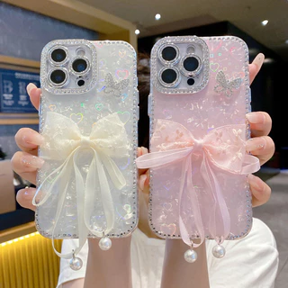 3ง วางลูกไม้ริบบิ้นโบว์ไล่โทนสีรูปหัวใจเคสแข็งสําหรับ ไอโฟน 11 12 13 14 15 16 17 มือโปร สูงสุด ปลอกเจาะน้ํากรณีป้องกันขอบสําหรับ ไอโฟน17