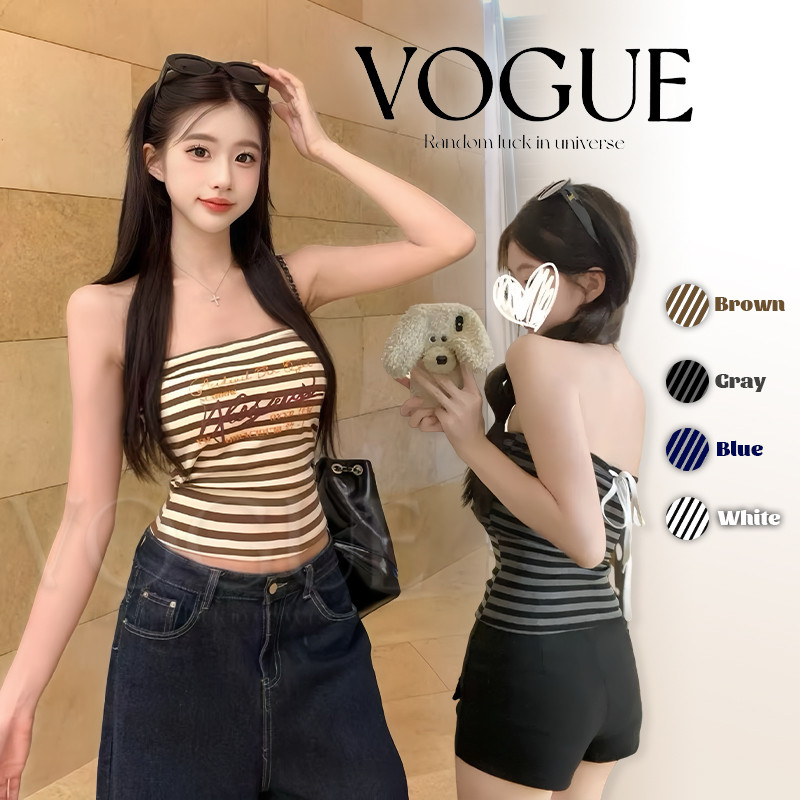 Vogue🌟พร้อมส่ง🌟 เสื้อเกาะอกเสริมฟองน้ำ ลายทาง สไตล์มินิมอลใส่ได้ทุกวัน (FY33035)
