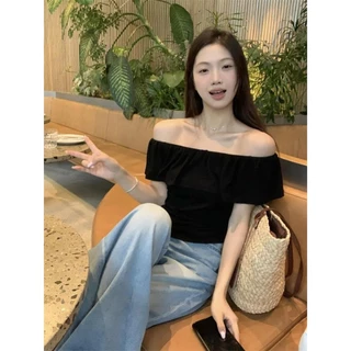 Hotgirl พร้อมส่ง เสื้อยืดปาดไหล่สั้นผู้หญิง เสื้อยืดแฟชั่นผู้หญิง อ่อนโยนแขนสั้น ดีไซน์เก๋ไก้และน่ารัก รุ่นใหม่ล่าสุด