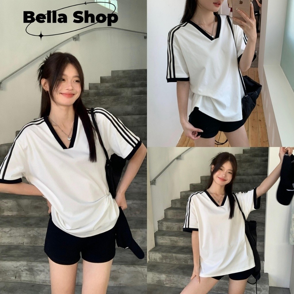 Bella Shop สีขาว V คออเมริกันแขนสั้นเสื้อยืดผู้หญิงสไตล์ใหม่ลายหลวมเกาหลี ไม่เป็นทางการ เสื้อยืด Top