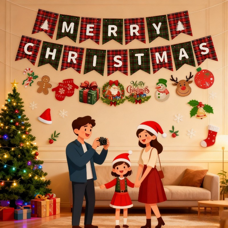 ธงคริสต์มาส ธงแบนเนอร์ Merry Christmas ดึงดอกไม้ วันหยุด แบนเนอร์ ธงแขวนคริสต์มาส สําหรับตกแต่งปาร์ตี้คริสต์มาส