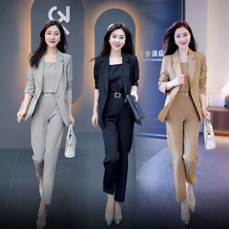 ชุดทำงานสำหรับผู้หญิง แบบ 3 ใน 1 ประกอบด้วย เสื้อ สายเดี่ยว และกางเกง สง่างามสำหรับการทำงานและการใช้งานอย่างเป็นทางการ