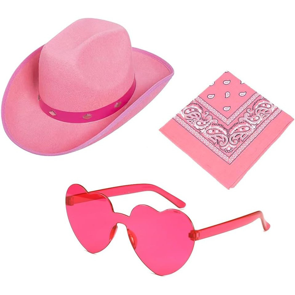 ZOOMPIL Pink Cowboy Hat, Cowboy Hat for Women, Felt Cowboy Hat with Heart Glasses, Pink Bandana, Cos