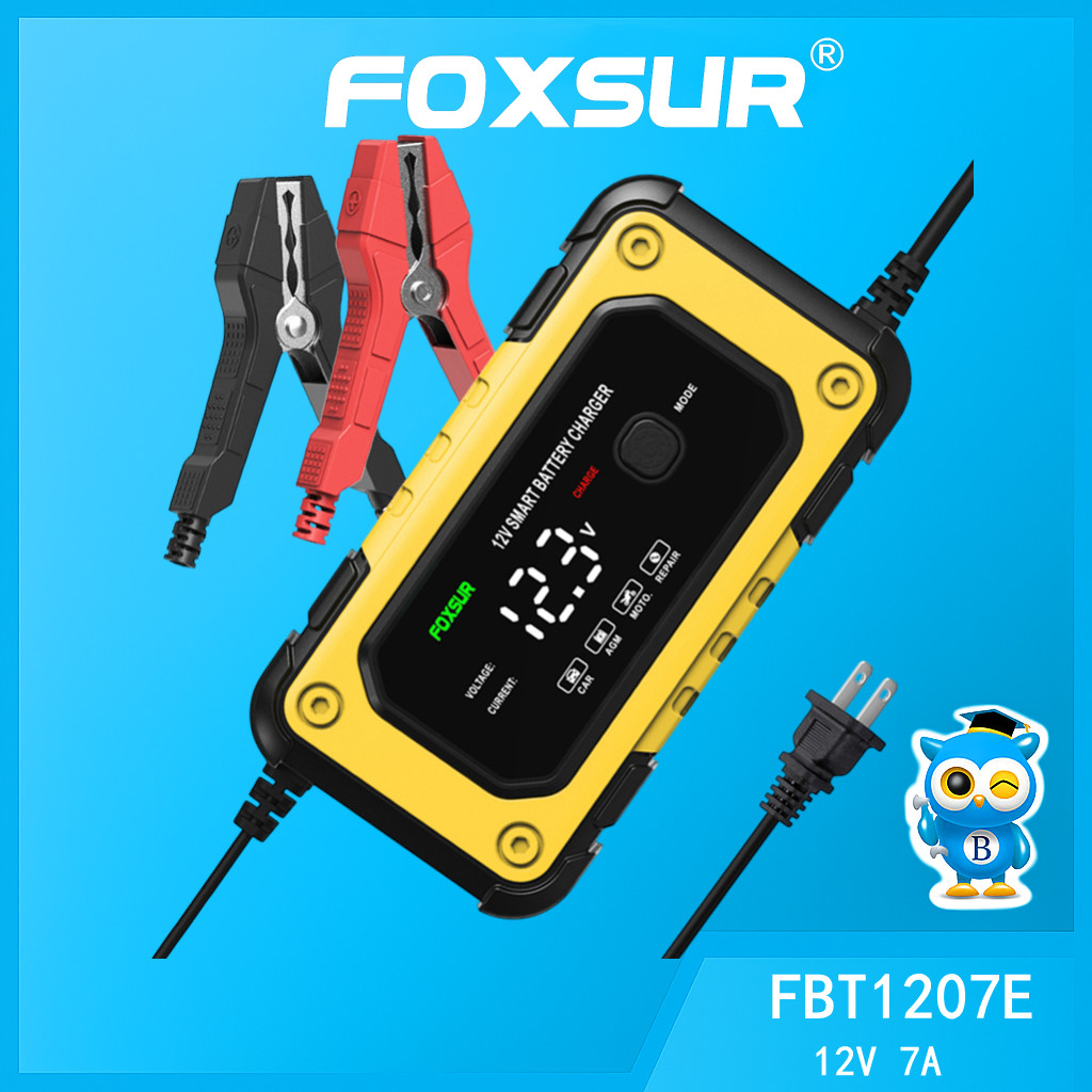 FOXSUR 12V7A (รุ่นสมาร์ทชิป) เครื่องชาร์จแบตรถยนต์ CPUรุ่นใหม่ล่าสุด ที่ชาร์จแบตรถ มอไซค์ รถใหญ่ FBC1207E