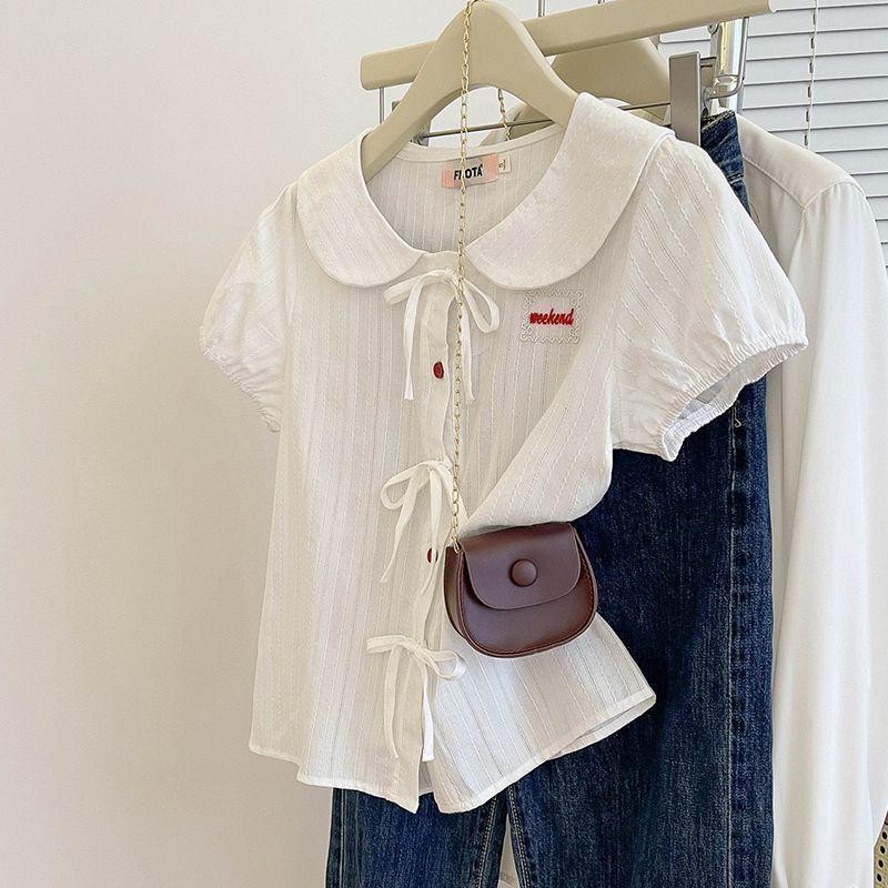 mimi&didi#เสื้อเชิ้ต คอปกตุ๊กตา สไตล์ฝรั่งเศส ดีไซน์ไม่ซ้ำใคร แขนสั้น สำหรับผู้หญิง ใส่หน้าร้อน แขนพัฟ กุทัณฑ์หวาน#W674