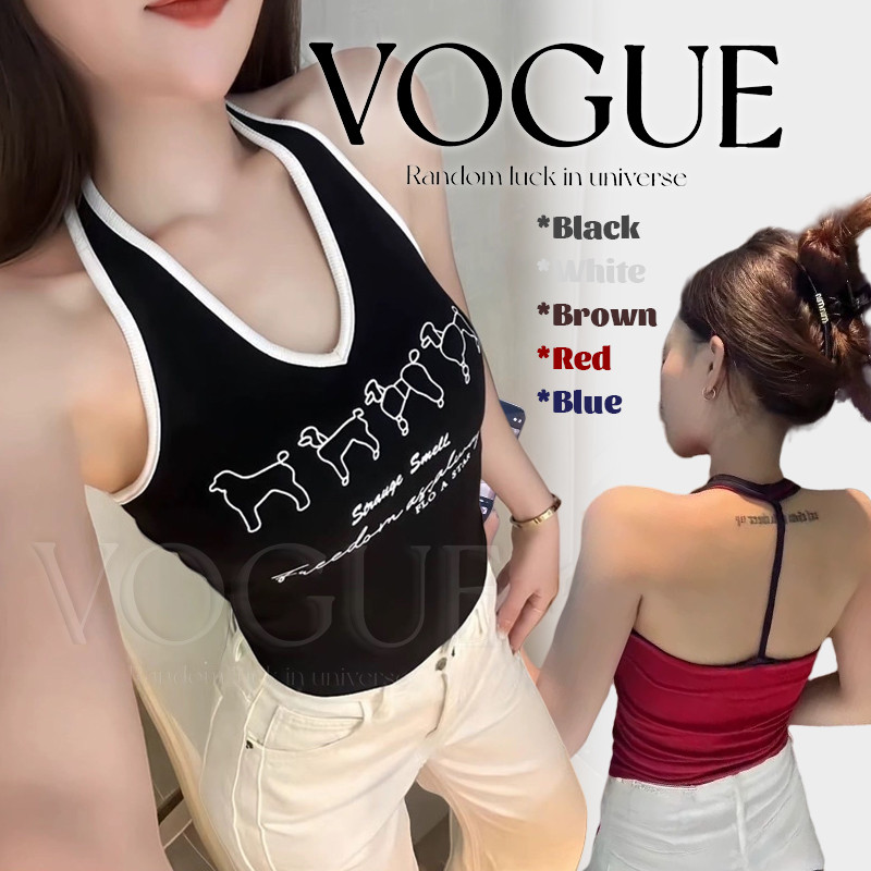 Vogue พร้อมส่ง เสื้อคล้องคอ ลายสกีนตัวอีกษี สีพื้นยืดพอดีตัว เสริมฟองน้ำ (FY33040)