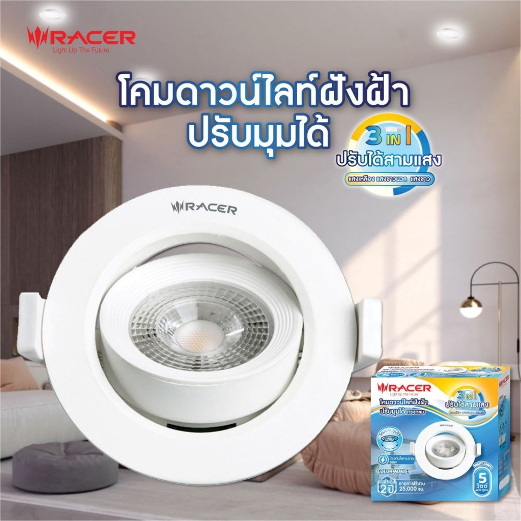GlobalHouse Racer โคมไฟแอลอีดี ดาวน์ไลท์ ฝังฝ้า ปรับมุมได้ 5วัตต์ ไฮลูเมน 3แสง ทรงกลม สีขาว สินค้าของแท้คุณภาพดี