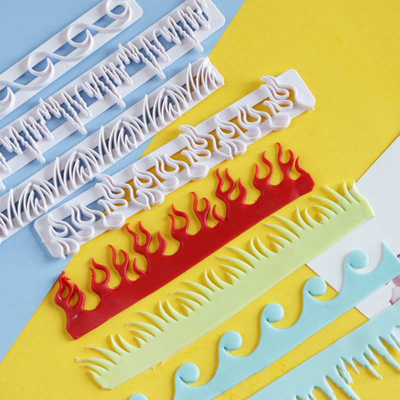 เบเกอรี่Fondantแม่พิมพ์คอลัมน์น้ําแข็งคลื่นหญ้าเปลวไฟตัดพลาสติกแม่พิมพ์ริบบิ้นลูกไม้รูปแห้งPaceตัดแม