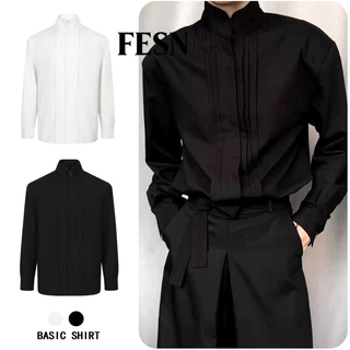 🖤Stand Collar Pleated Shirt เสื้อเชิ้ตผู้ชายคอจีนพับร่อง ผ้าคอตตอน100% แขนยาวสไตล์เรียบหรู มี2สี ดำ/ขาว Size M-3XL