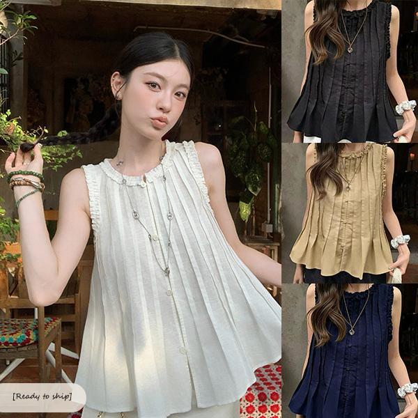 mimi&didi-COD!เสื้อแขนกุดคอกลม ไซส์ใหญ่ทรงหลวม ฤดูร้อน ผ้าฝ้ายผสมไหมระบายอากาศได้ดี เย็นสบาย น่ารัก สำหรับผู้หญิง#W723