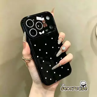 สำหรับ OPPO A58 A60 A3x A57 A38 A17 A15 A16 A16s A54s A74 A53 Reno4F เคสดำลายจุดขาว ลายหมีและโบว์ สไตล์หวานน่ารัก