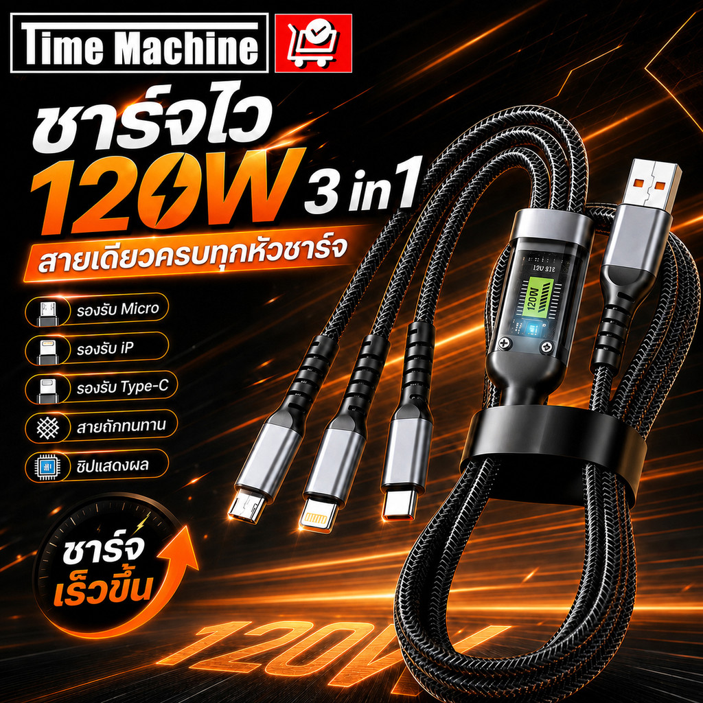 3 in 1 สายชาร์จเร็ว 120W 6A USB Cable สายถักไนล่อน Type C Micro iOS Fast Charge ชาร์จมือถือ Samsung OPPO