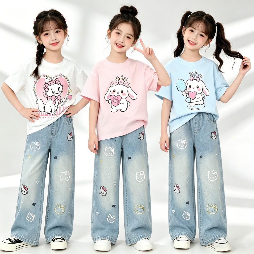 สาวแขนสั้นเสื้อยืดน่ารักการ์ตูนพิมพ์รอบคอสบายๆด้านบนเด็กทุกวันโรงเรียนสวมใส่พร้อมสต็อก