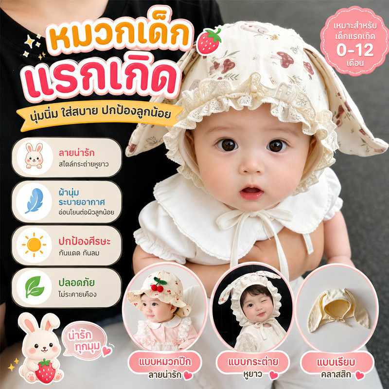 พร้อมส่ง หมวกเด็กแรกเกิด หมวกเด็ก  หมวกสาวน่ารัก ผ้านิ่มใส่สบาย สายรัดปรับระดับได้ 1-12 เดือน