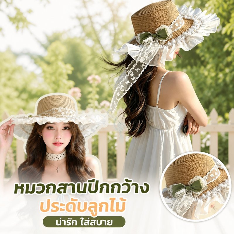 หมวกกันแดดผู้หญิง ปีกกว้าง ตาข่าย โบว์ ดอกไม้ ลูกไม้ ป้องกันยูวี ป้องกันคอ สไตล์หวาน ถ่ายรูป