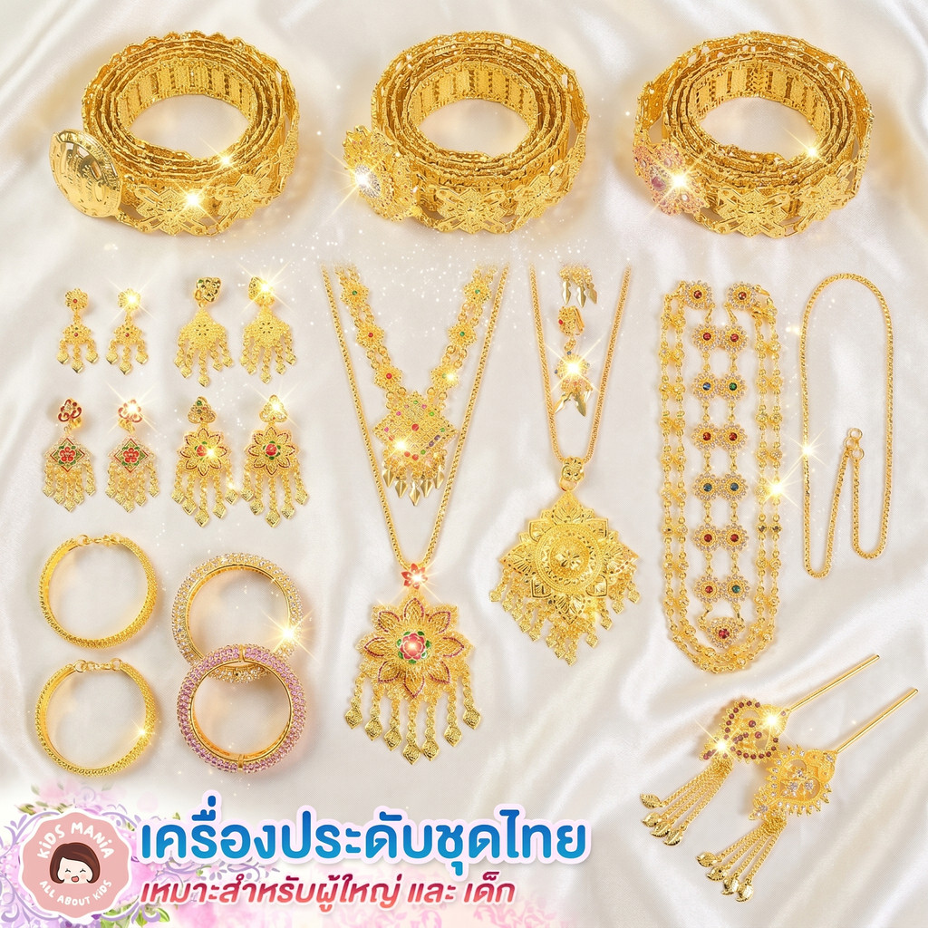 เครื่องประดับชุดไทย ครบเซต สีทอง สร้อยคอจี้อุบะพลอย สร้อยข้อมือ ต่างหู สายสังวาลย์ ปิ่นปักผมใบไม้ไหว รัดเกล้า