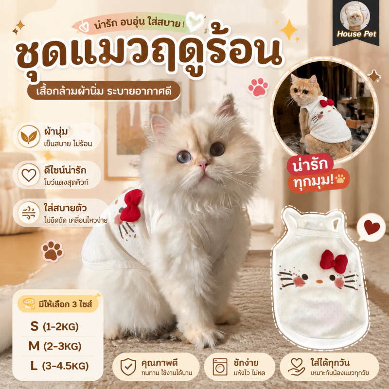 New ชุดแมวฤดูร้อน ชุดหมาเล็ก โบว์สามมิติ เสื้อหมาน่ารัก ใส่สบาย ระบายอากาศดีน่ารัก ไซซ์ S/M/L