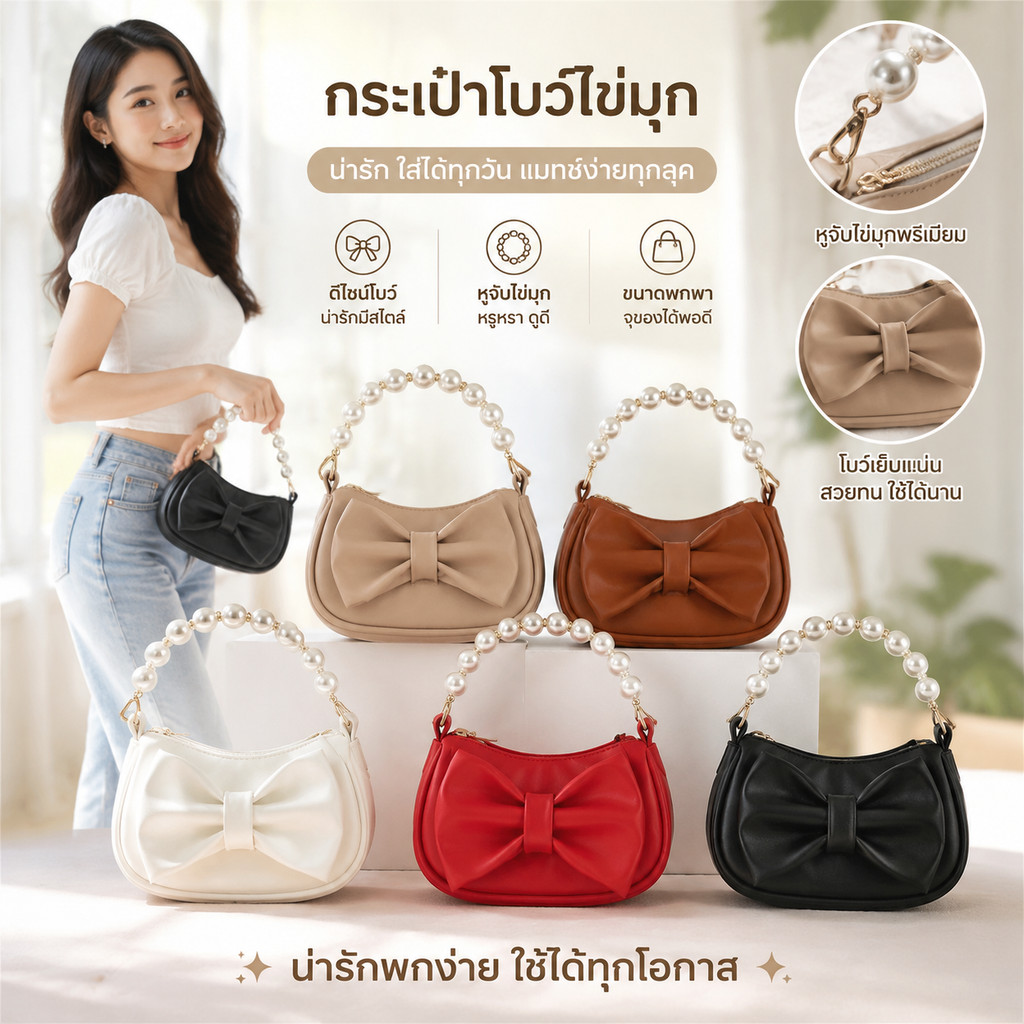 【มีสินค้าพร้อมส่ง】กระเป๋าถือผู้หญิงหนังนิ่มแฟชั่นใบเล็กโบว์มุก ทนทานใช้งานได้หลายโอกาส สไตล์ชิลล์ลุคชิคทุกวัน