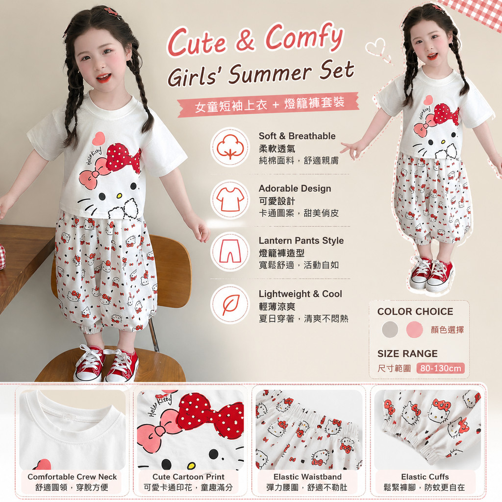 ชุดสูทเด็กผู้หญิง KT Cat Top Pants สองชิ้น แขนสั้น บาง ชุดกีฬา