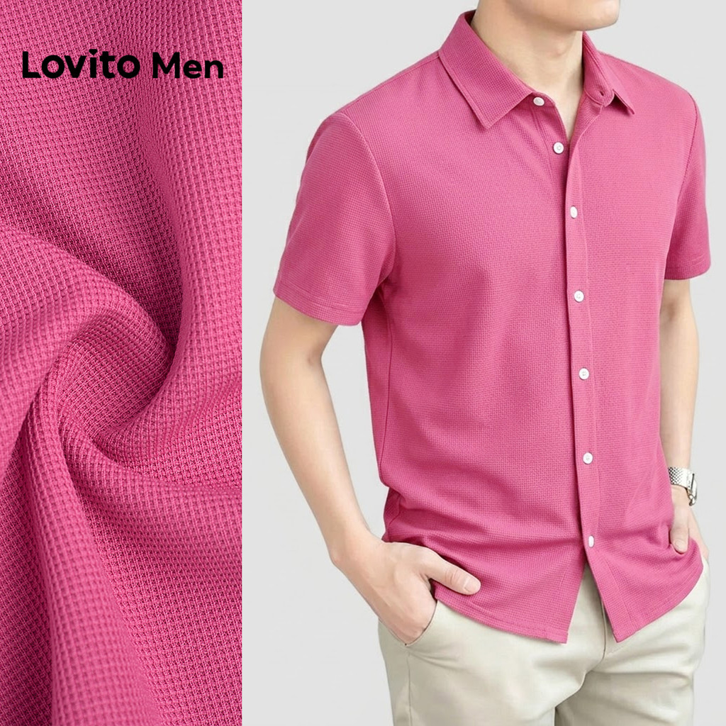 Lovito โบโฮ เสื้อเชิ้ตสีชมพูแบบมีจีบ สำหรับผู้ชาย ฤดูใบไม้ผลิ/ฤดูร้อน L181ED015