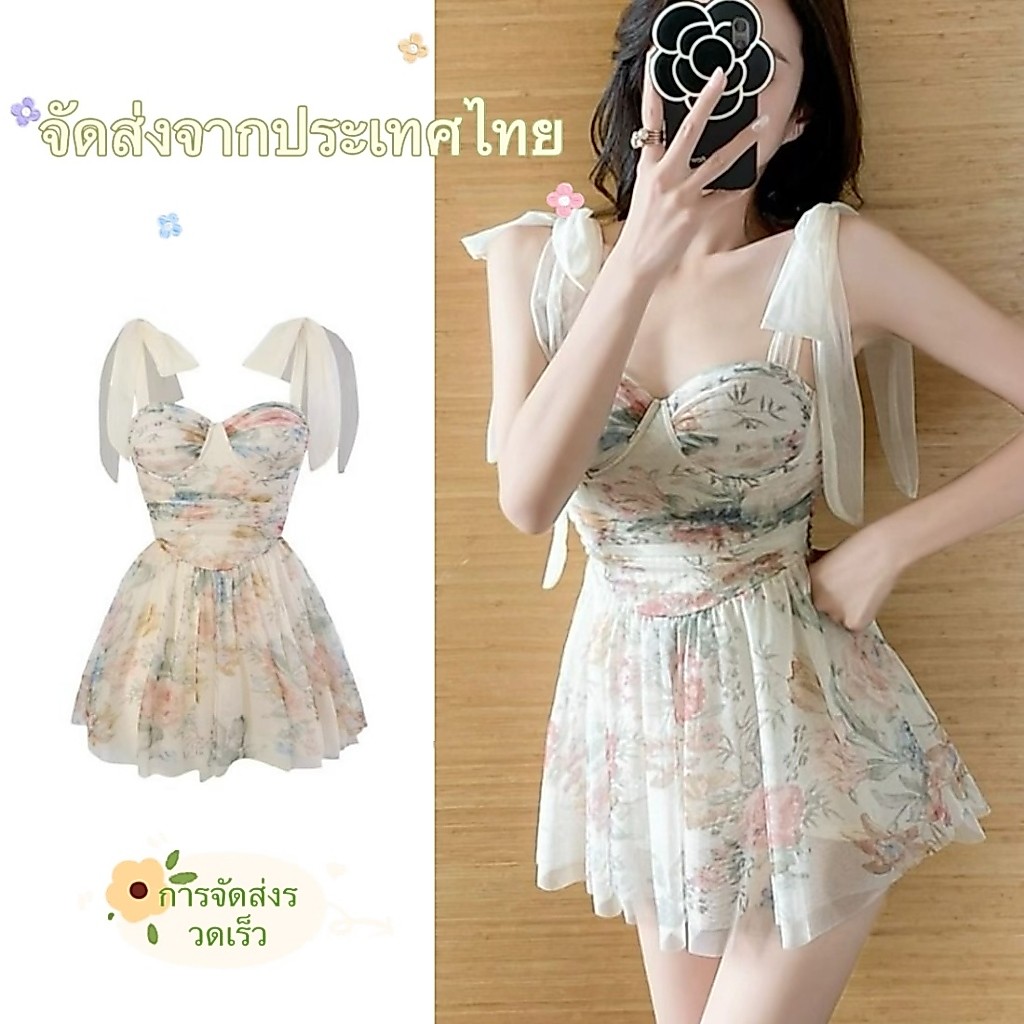 🌸ชุดว่ายน้ำวันพีซ ลายดอกไม้ สายเดี่ยวผูกโบว์ สไตล์หวาน เนื้อผ้าใส่สบาย