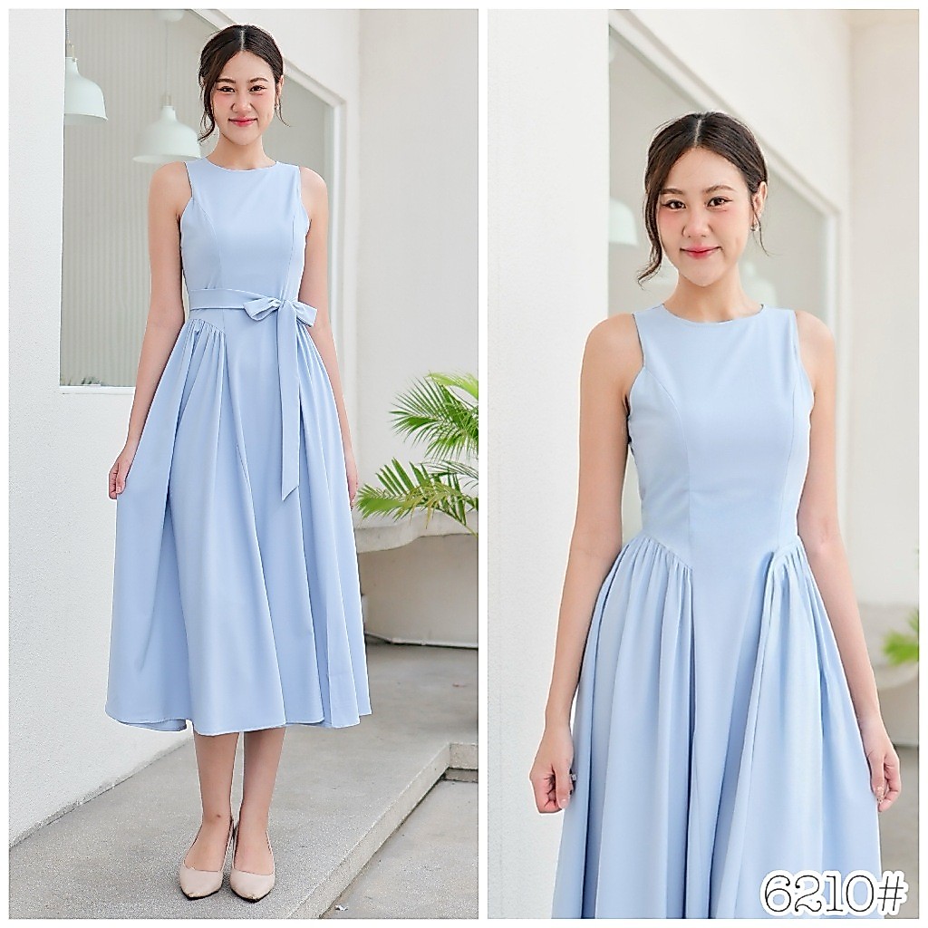FN6120  midi dress แขนกุด กระโปรงบานตีเกร็ดเอว จีบระบายสะโพก ชุดไปงานแต่ง ชุดออกงาน เดรสเพื่อนเจ้าสาว [LUXURY707]