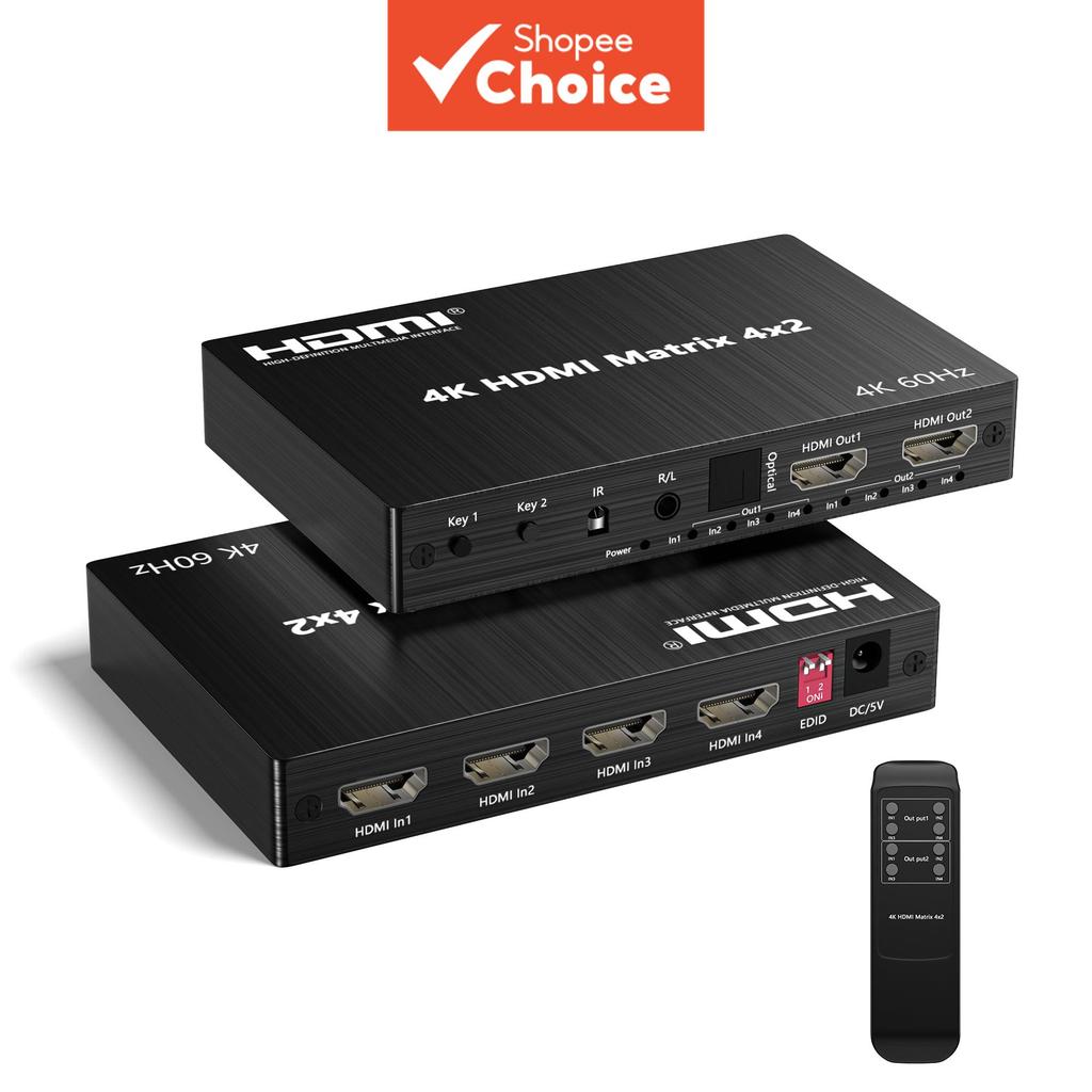 สวิตช์เมทริกซ์ HDMI 4K 60Hz แยกสัญญาณ 4 เข้า 2 ออก ควบคุมด้วยรีโมท อะแดปเตอร์ Pro 18Gbps Elite X
