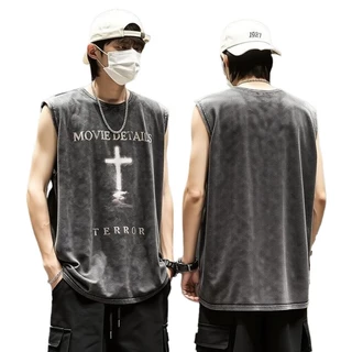 [ส่งไวจากไทย] วินเทจอเมริกัน สูง ถนน ผู้ชายสีดําพิมพ์เสื้อกล้ามระบายอากาศ สตรีทแวร์ สําหรับวัยรุ่น