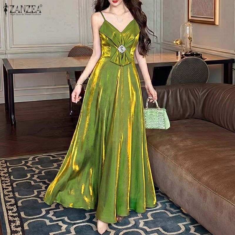 ZANZEA ผู้หญิงชุดราตรีเกาหลี V คอเพชร Embellish Bows ออกแบบแขนกุดผ้ามัน Maxi Slip Dresses — صورة 5