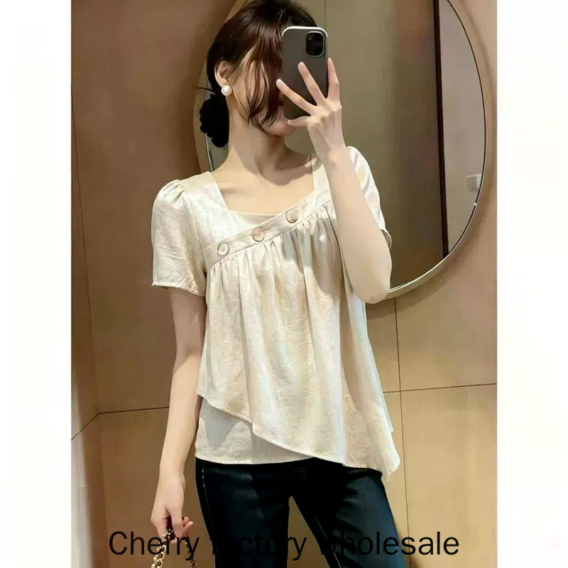 แฟชั่นผู้หญิงสไตล์ใหม่เสื้อผ้าพร็อพสไตล์แอปริคอทเสื้อแขนสั้นพลัสขนาดเสื้อผ้าผู้หญิงสแควร์คอปุ่มจีบหลวมผู้หญิง ฉ