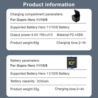 2000Mah 3 แบตเตอรี่สําหรับ Gopro Hero 11 10 9 Li-Ion แบตเตอรี่ Pack Motion กล้องแบตเตอรี่สําหรับ Go