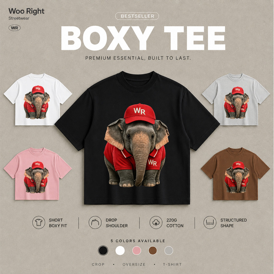 COD จัดส่งตลอด 24 ชั่วโมง Woo Right  Cropped T-Shirt เสื้อยืดลาย WR ช้างการ์ตูน Boxy tee Oversiz เสื