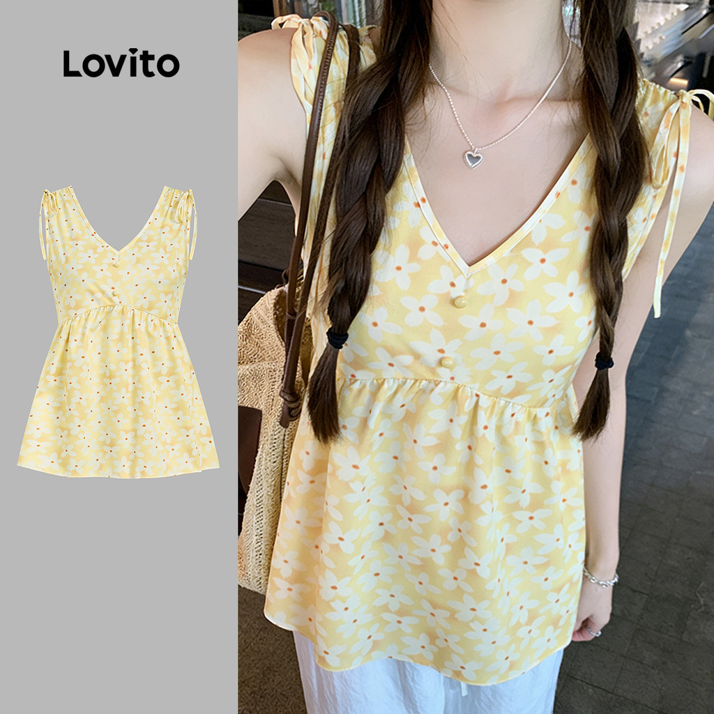 Lovito เสื้อโบโฮผู้หญิงผูกเชือกหน้าสําหรับฤดูใบไม้ผลิ/ฤดูร้อนสีเหลือง LK2AD442