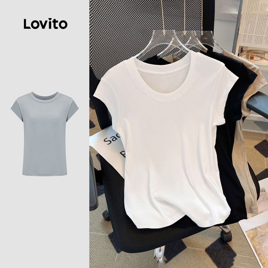 Lovito เสื้อยืดลำลองฤดูร้อนสำหรับผู้หญิง LNE37151