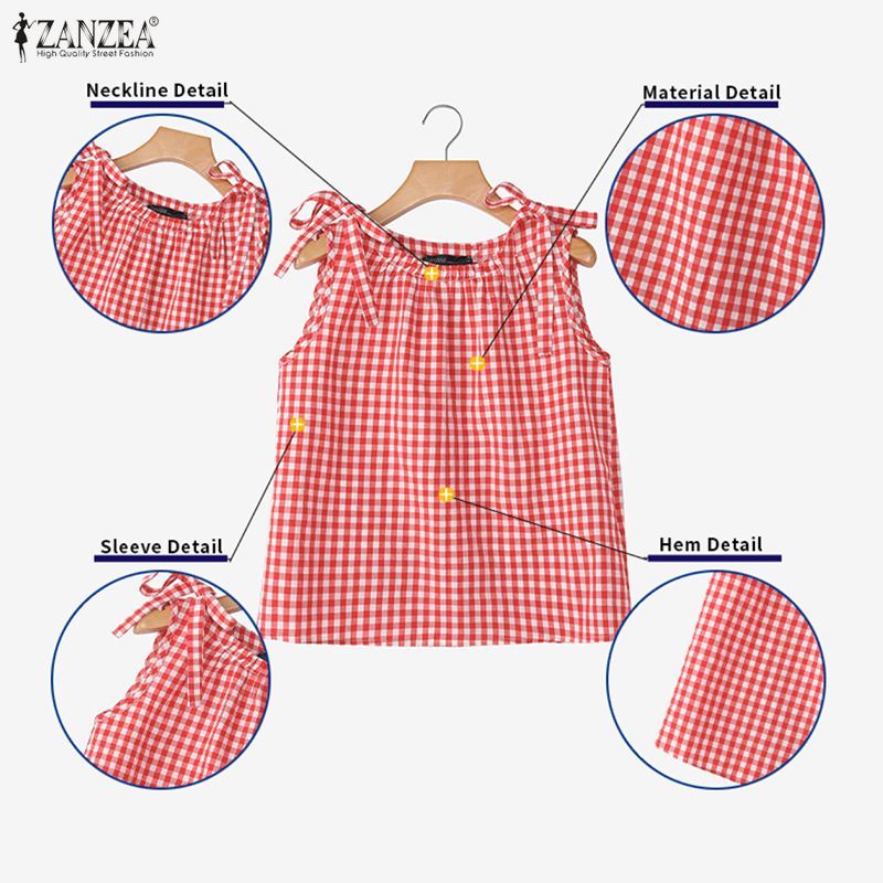 ZANZEA ผู้หญิงสาวเกาหลี O คอแขนกุดหลวมลายสก๊อต Bowknot Tank — صورة 7