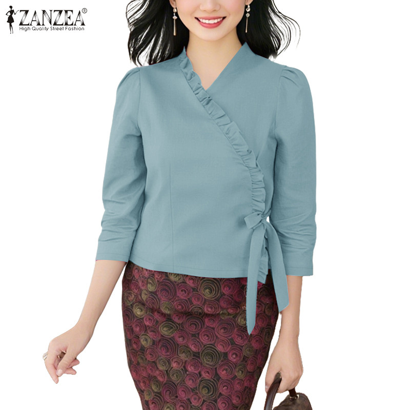 ZANZEA เสื้อเบลาส์แฟชั่นสตรี สีทึบ คอวี แขน 3/4 ขอบระบายและสายคาด