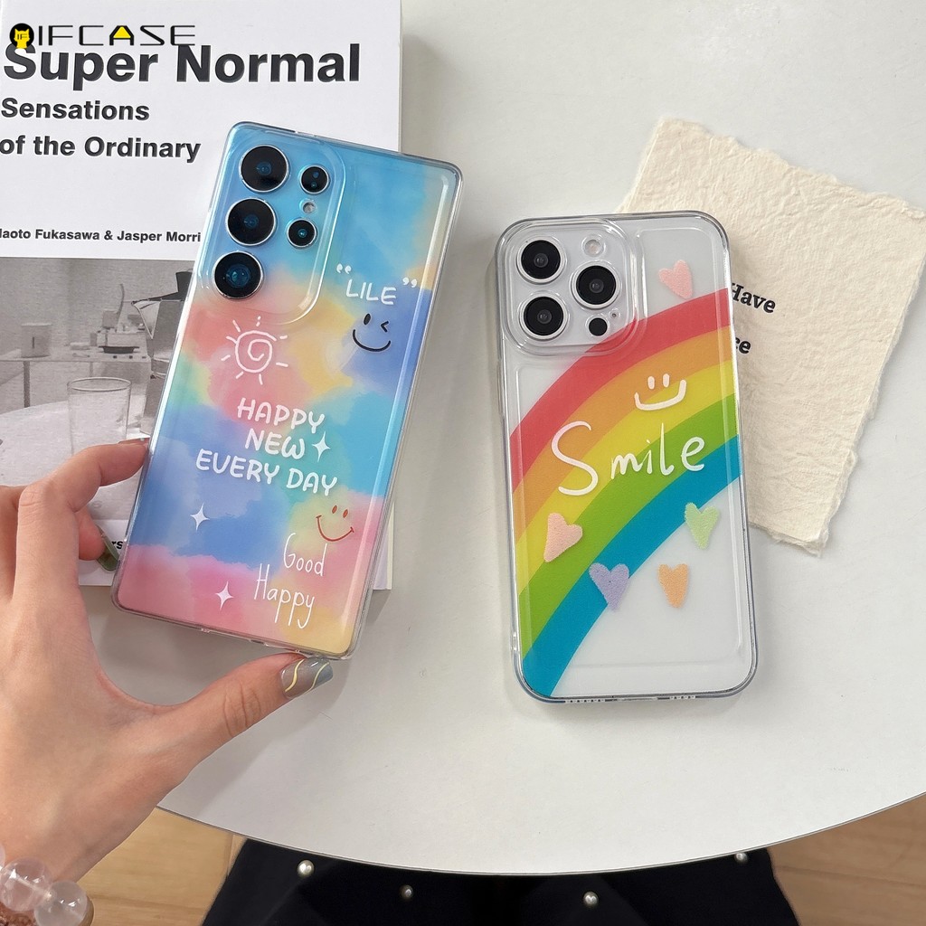 SAMSUNG สําหรับSamsung Galaxy S25 Edge S24 S23 S22 S21 S20 S10 FEหมายเหตุ20 Ultra 10 Plus + Lite M55 M54 M53 M52 เคสโทรศัพท์น่ารักRainbowไล่โทนสียิ้มFace Smile Softปลอกกรณีปกหลัง