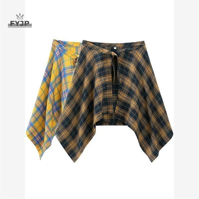 FYJP Hip Hop ไม่สม่ําเสมอผู้ชายและผู้หญิงปลอมเสื้อ Hem กระโปรงลายสก๊อต Y2k Streetwear Harajuku Vinta