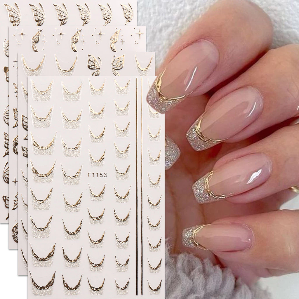 HAMA NAIL สติ๊กเกอร์ติดเล็บขายส่งผีเสื้อสีทองดอกไม้ Smile French Nail Glitter สติกเกอร์ตกแต่งเล็บ Decals เจ้าสาวงานแต่งงานเล็บ