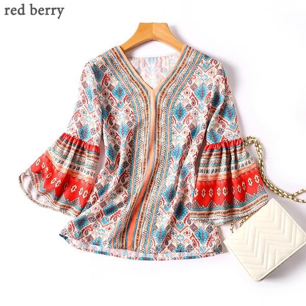 Red Berryเสื้อเชิ้ตชีฟองฤดูร้อนใหม่สไตล์ชาติพันธุ์พิมพ์คอวีหลวมแขนสามส่วนเสื้อด้านบนผู้หญิงW408