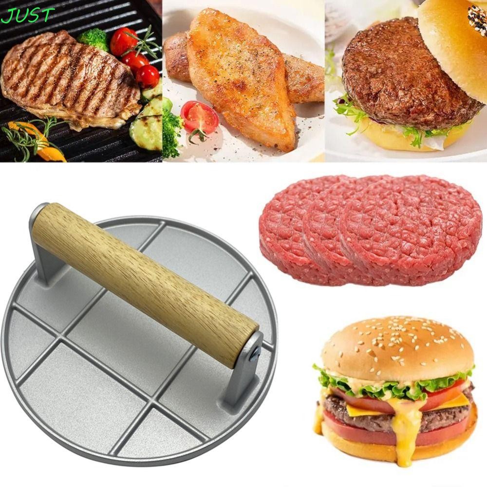 JUST Burger Press, ด้ามไม้ทําความสะอาดง่าย Patty Smasher, Strong Heavy Duty Anti-Scald Cast Iron BBQ