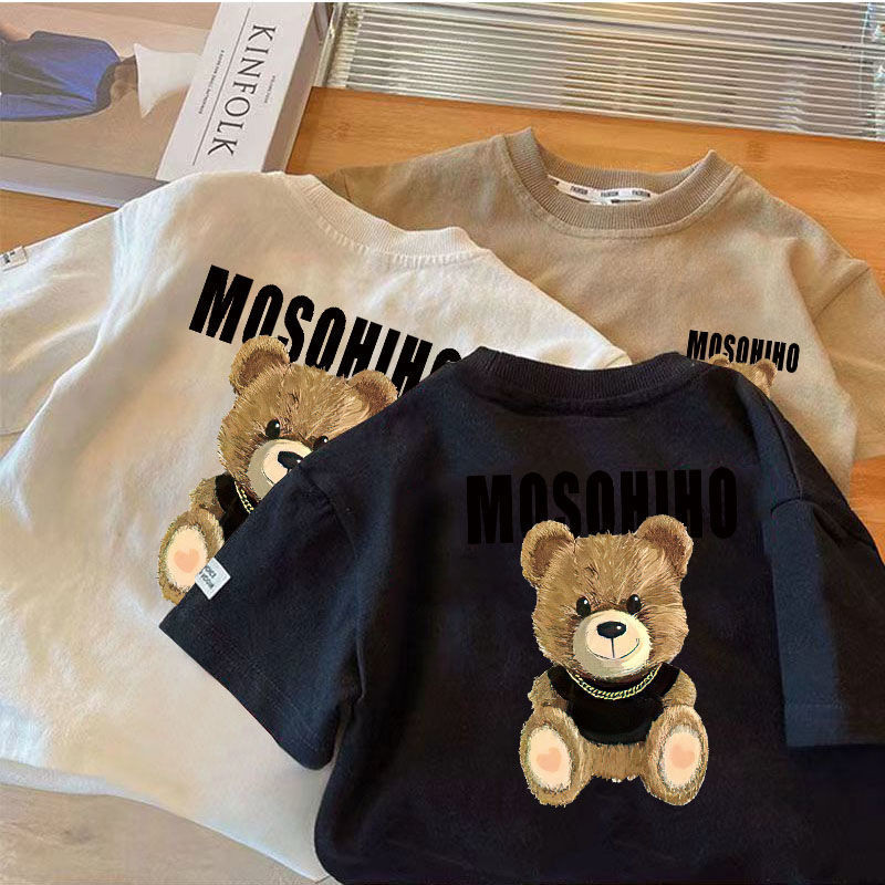 [เสื้อยืดเด็ก] เสื้อยืดคอกลม แขนสั้น ผ้าฝ้าย 100% พิมพ์ลายหมีเท่ ทรงหลวม สําหรับเด็ก (10-37 กก.)