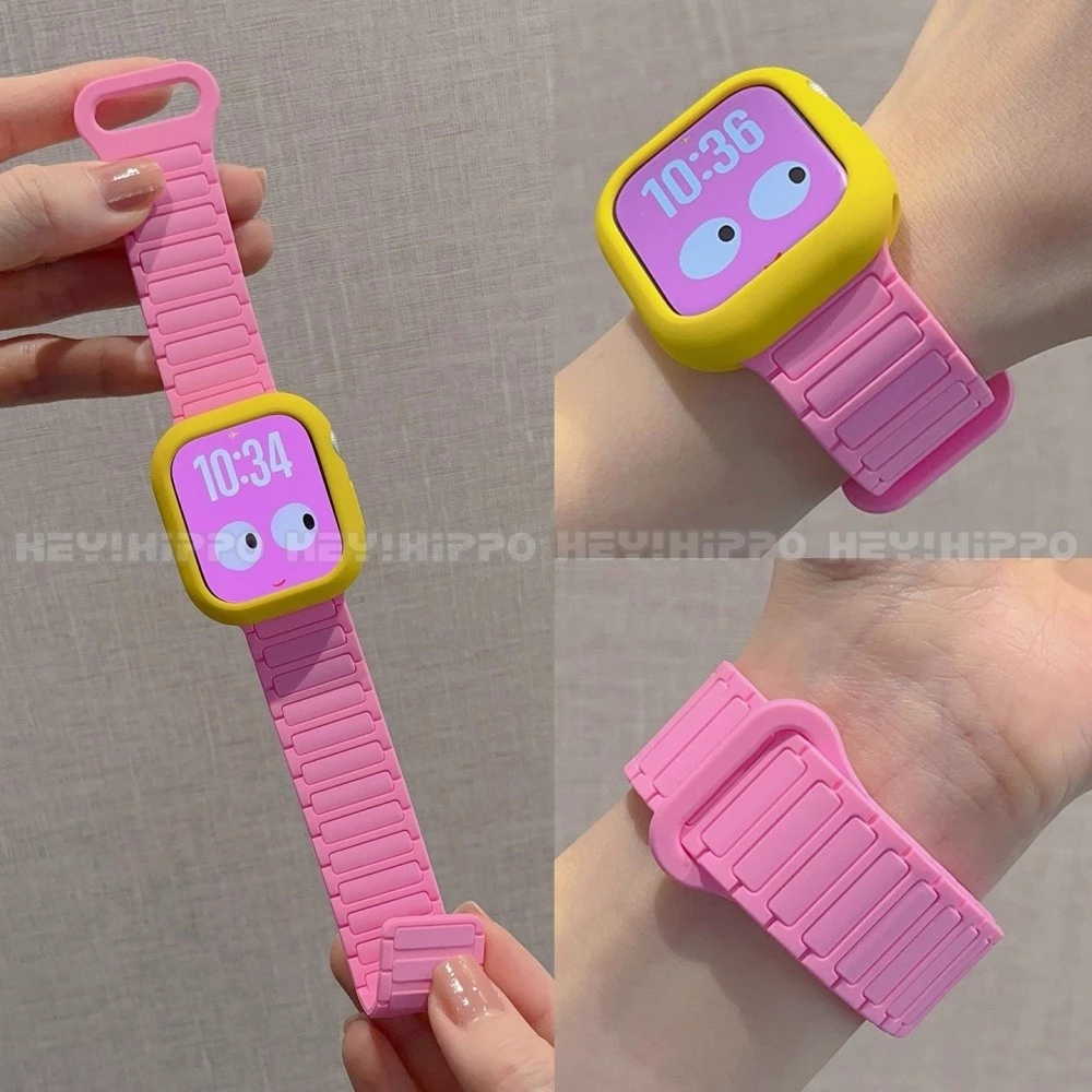สายรัดแม่เหล็กสีชมพูพีชเหมาะสําหรับ ฉันดู 10/9/8/7/6/กับ/5/4/3/2/1 เคสนิ่มป้องกันการตกเหมาะสําหรับ49/46/45/44/42/41/40/38มม