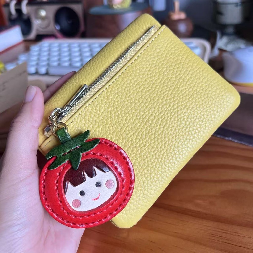 Forever young bester brand กระเป๋ Xiaohongshu กระเป๋าใส่บัตรหนังทำด้วยมือลายลิ้นจี่สีเหลืองแบบเดียวก