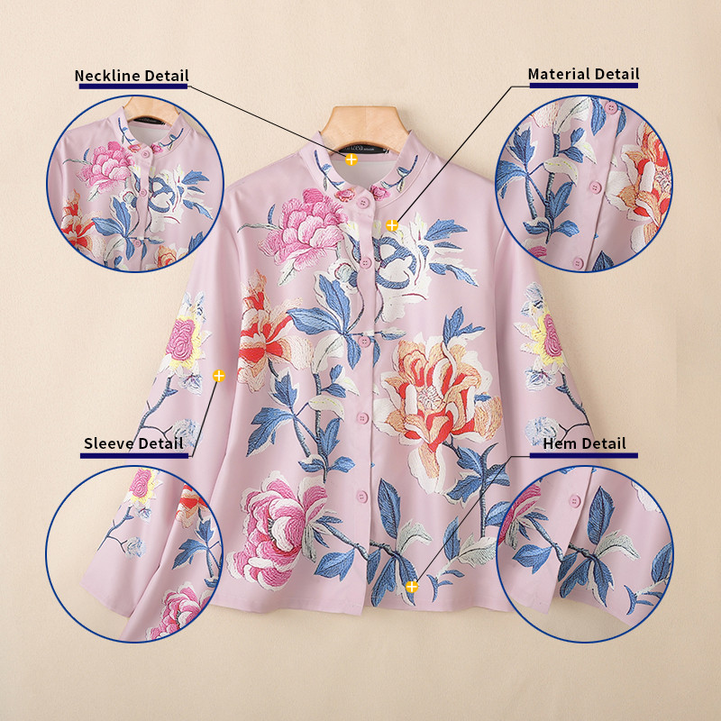 ซานเซีย วินเทจหรูหรา พิมพ์ลายดอกไม้ แขน3/4 เสื้อยืนปุ่มขึ้นสำหรับผู้หญิง - รูปที่ 5